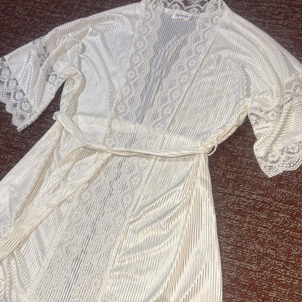 Vintage striped satin sheer lace short sleeve short robe feminine dainty